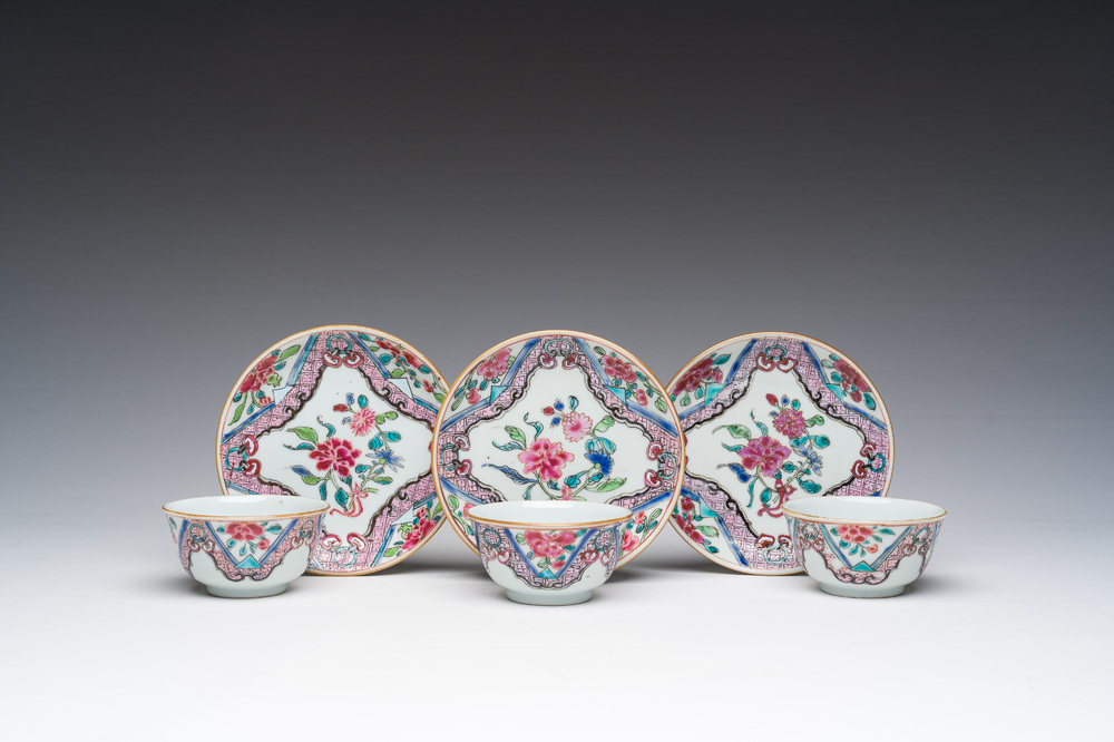 Three Chinese famille rose cups and saucers with floral design, Qianlong