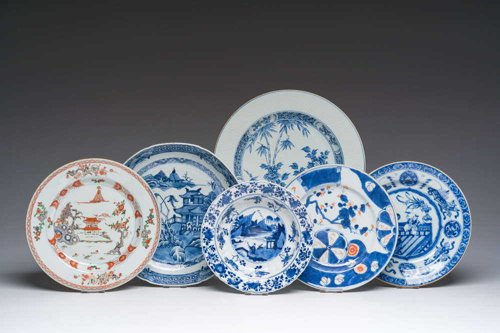 Six Chinese blue, white, famille verte and Imari style plates with landscapes, figures and floral design, Kangxi/Qianlong
