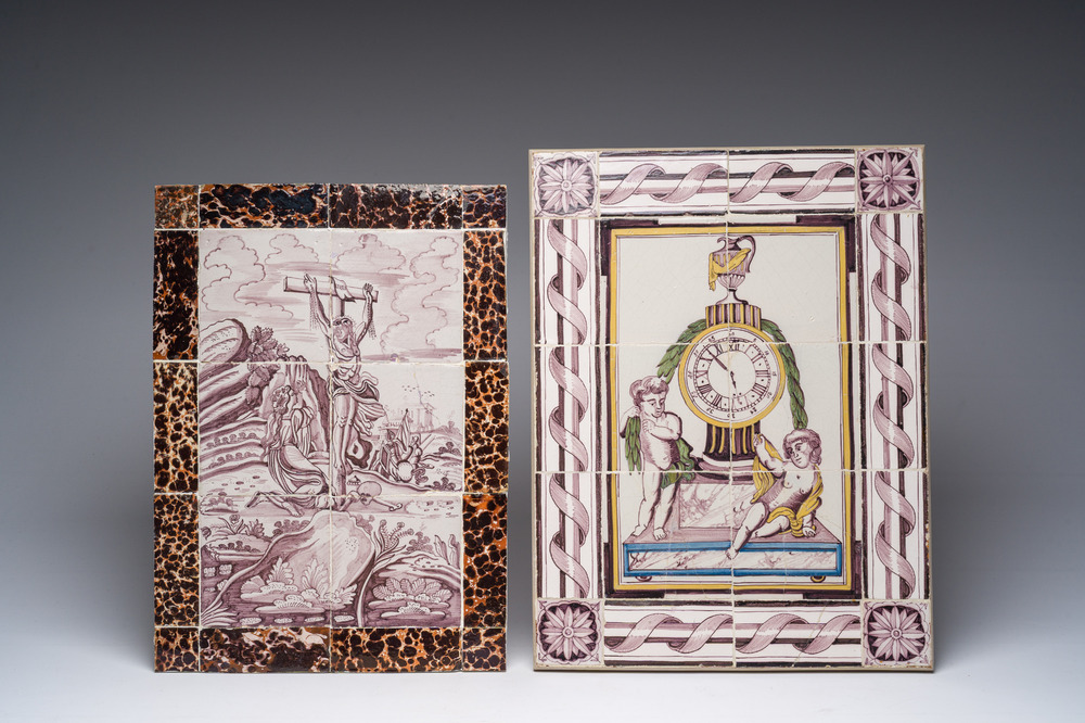 Deux tableaux de carreaux en fa&iuml;ence de Delft polychrome figurant une pendule et en mangan&egrave;se figurant 'La Crucifixion', Pays-Bas, 18&egrave;me/19&egrave;me si&egrave;cle