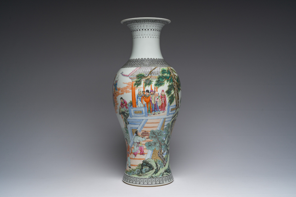 A Chinese famille rose baluster vase with Immortals in a palace garden, Qianlong mark, Republic, 20th C.