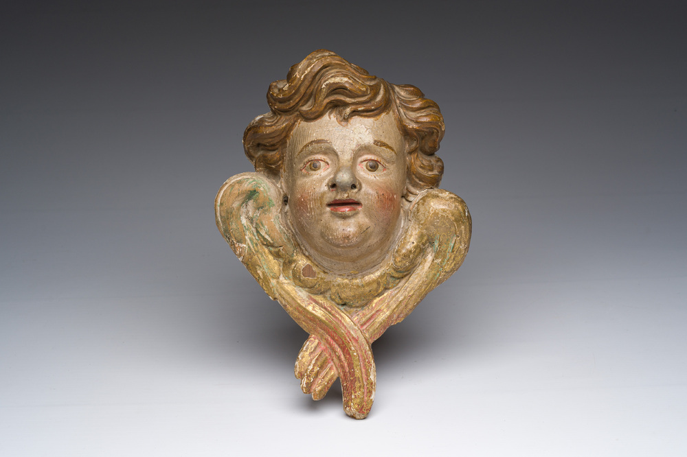 T&ecirc;te d'ange en bois dor&eacute; et polychrome, Italie, 18&egrave;me si&egrave;cle