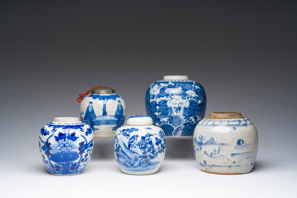 Five Chinese blue and white jars with figurative and floral design, 19th/20th C.