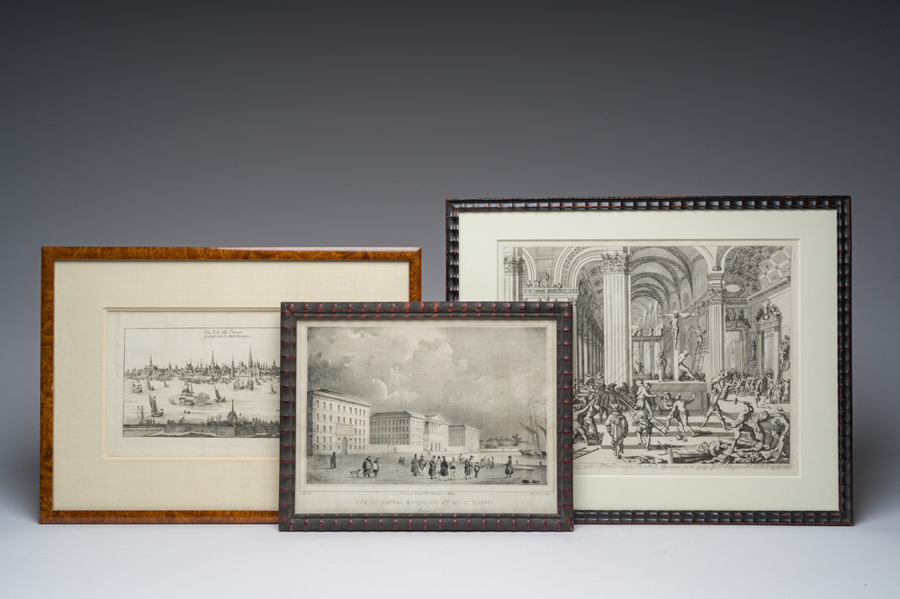 Deux gravures encadr&eacute;es repr&eacute;sentant des vues d'Anvers et une de la Grande Iconoclasme d'apr&egrave;s Jan Luyken, 19&egrave;me si&egrave;cle