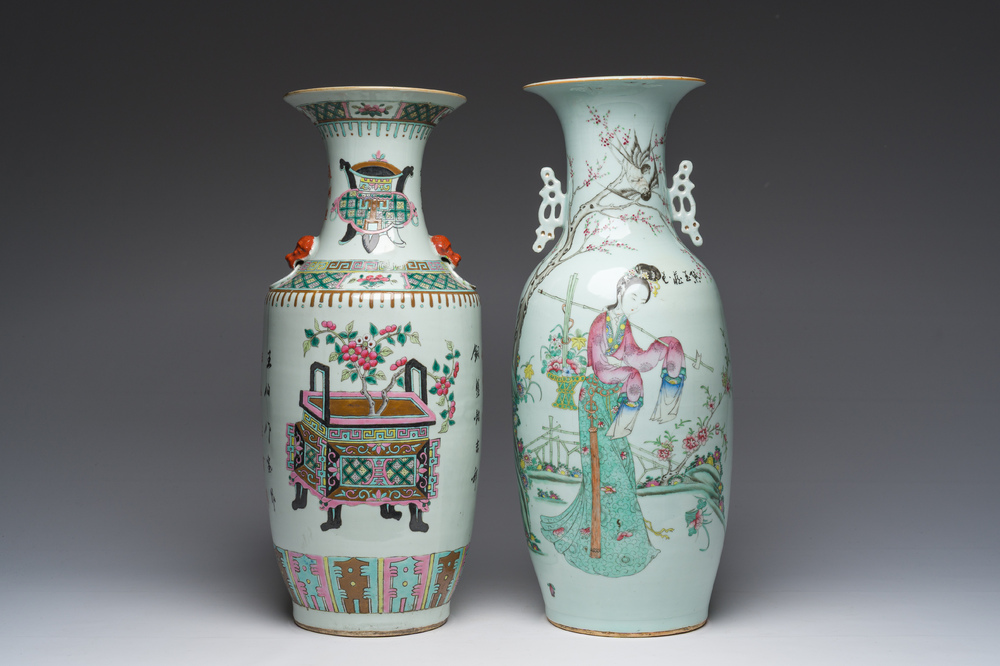 Deux vases en porcelaine de Chine famille rose &agrave; d&eacute;cor de Lan Caihe et paniers de fleurs, 19&egrave;me/20&egrave;me si&egrave;cle