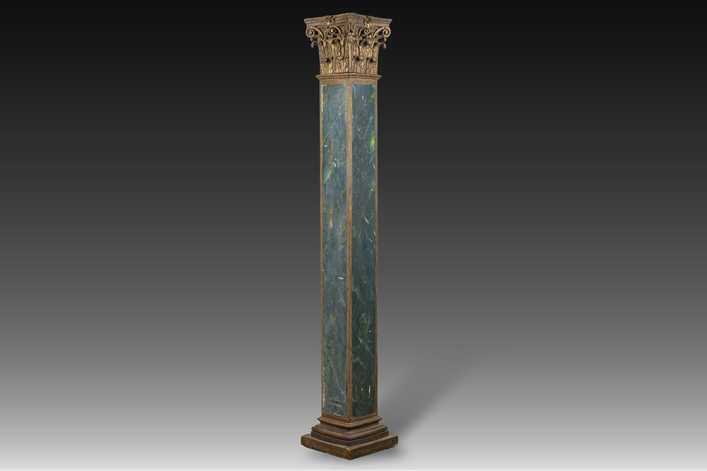 A square wooden column with green faux marble painting topped with a gilded Corinthian capital, 20th C.