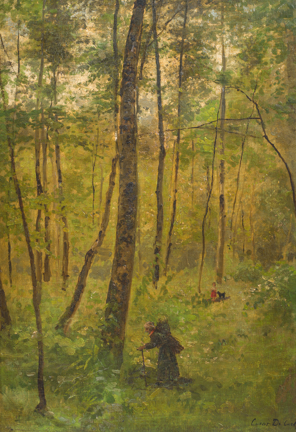C&eacute;sar De Cock (1823-1904): Sous-bois anim&eacute;, huile sur toile