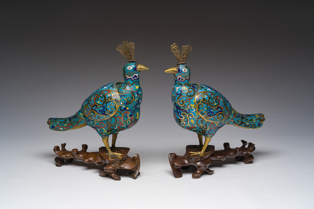 A pair of Chinese cloisonn&eacute; peacock-shaped censers and covers, 19th C.