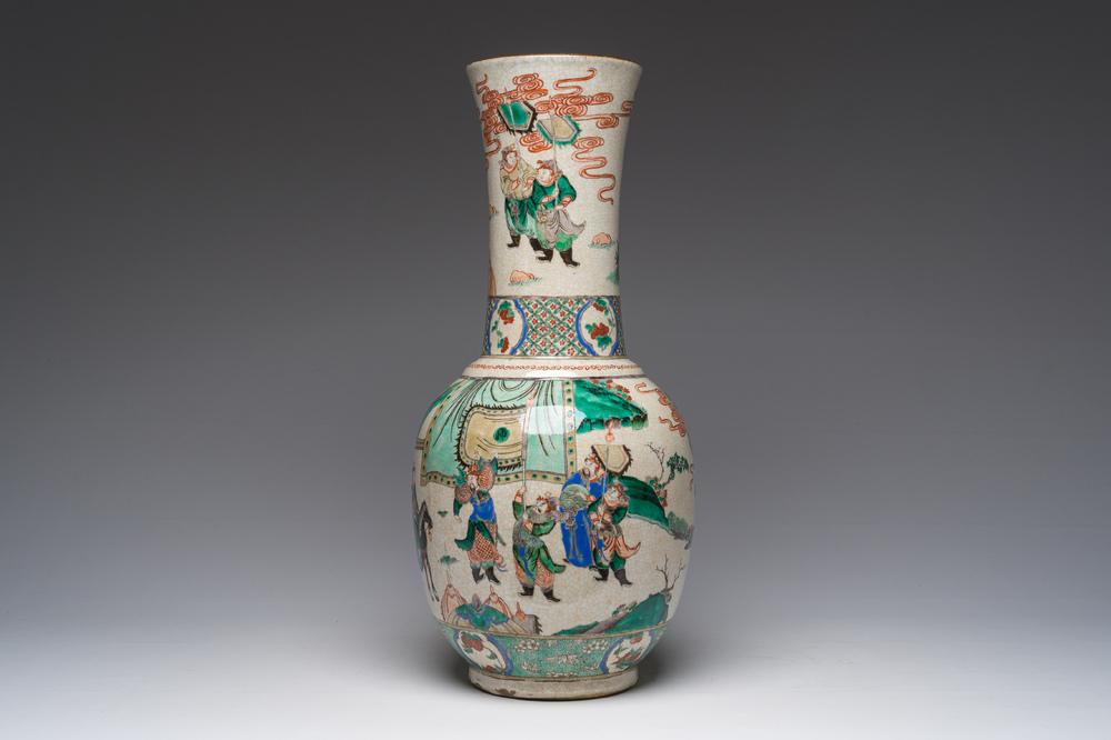 A Chinese Nanking crackle glazed famille verte vase with a visit to the court, 19th C.