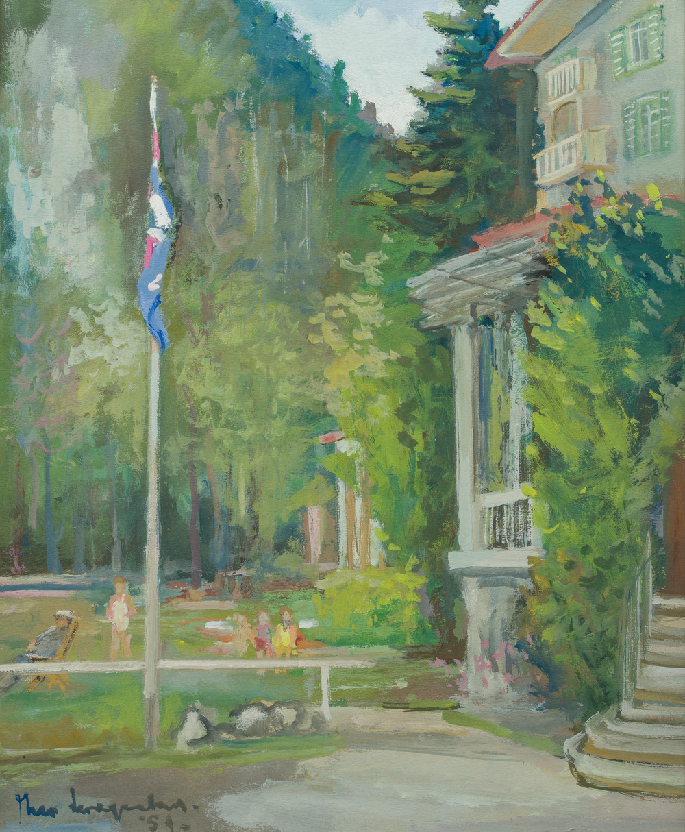 Belgische school, onleesbaar gesigneerd: Park met figuren in de zomer, olie op papier, gedateerd (19)59