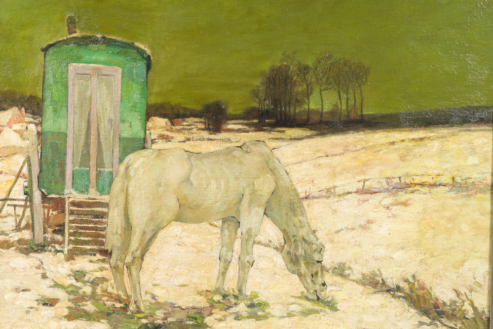 Oscar Coddron (1881-1960): Paysage enneig&eacute; avec un cheval et une caravane, huile sur toile