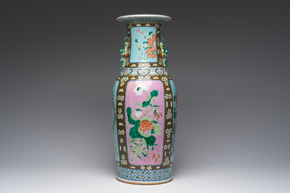 A Chinese capucin ground famille rose vase with pink and turquoise panels with floral design, 19th C.