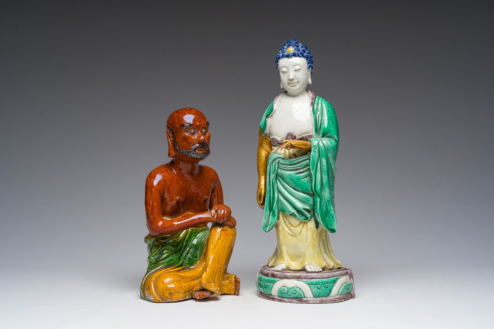 Two Chinese sancai pottery and verte biscuit figures, 19th C.