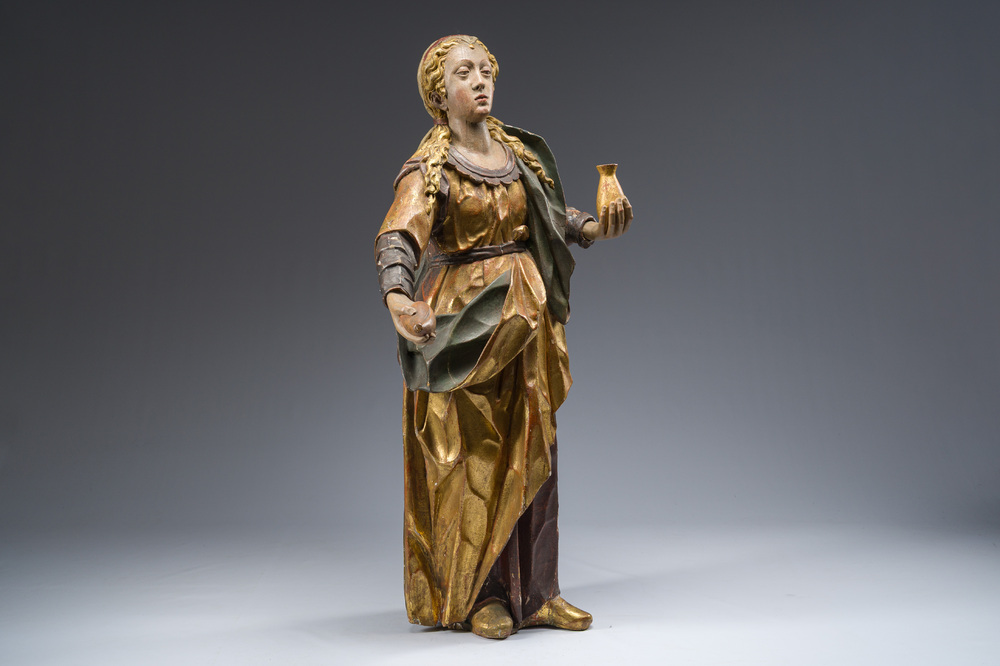 Importante sculpture en bois polychrom&eacute; d'&Eacute;lisabeth de Hongrie, 18&egrave;me si&egrave;cle