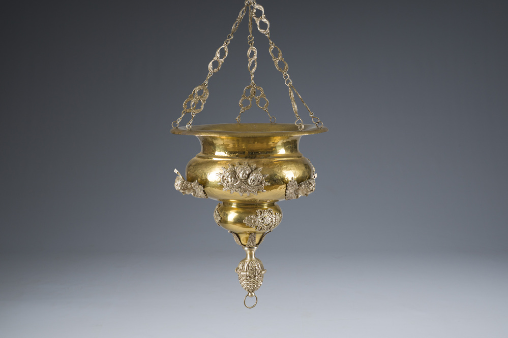 A Gothic revival partially silver-plated brass 'angels' sanctuary lamp, ca. 1900