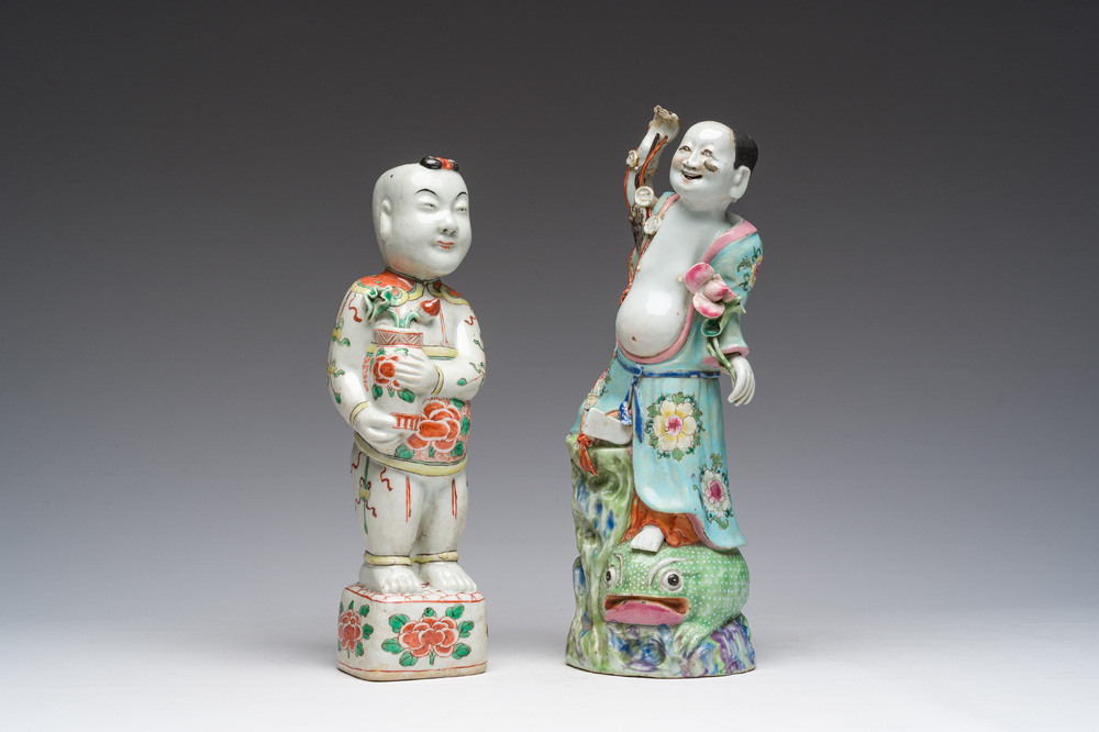 A Chinese famille rose model of Liu Hai and a famille verte of one of the Hehe brothers, 19th C.