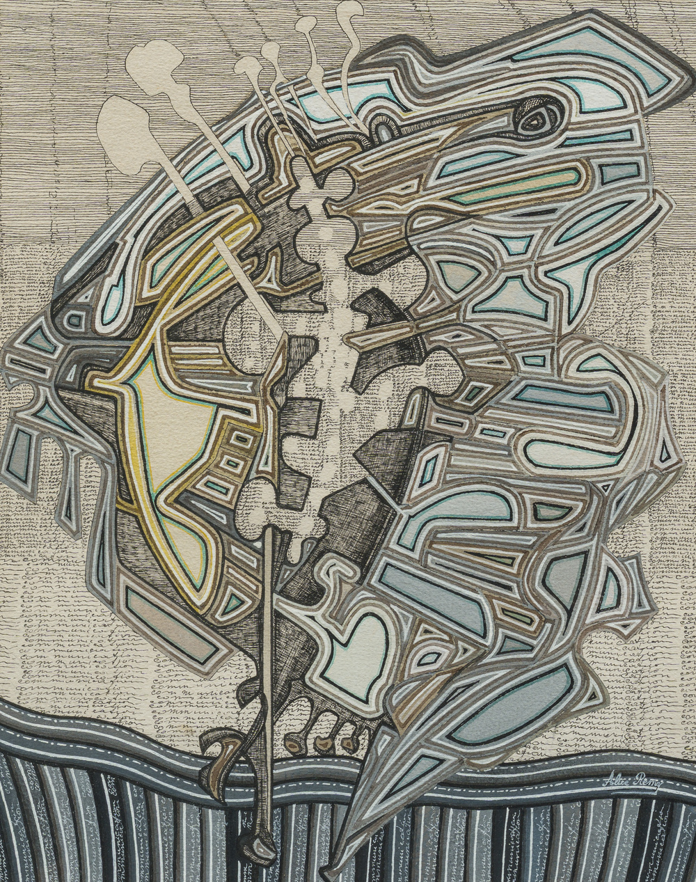 Alice Remy (20th C.): Composition with calligraphy, mixed media on paper