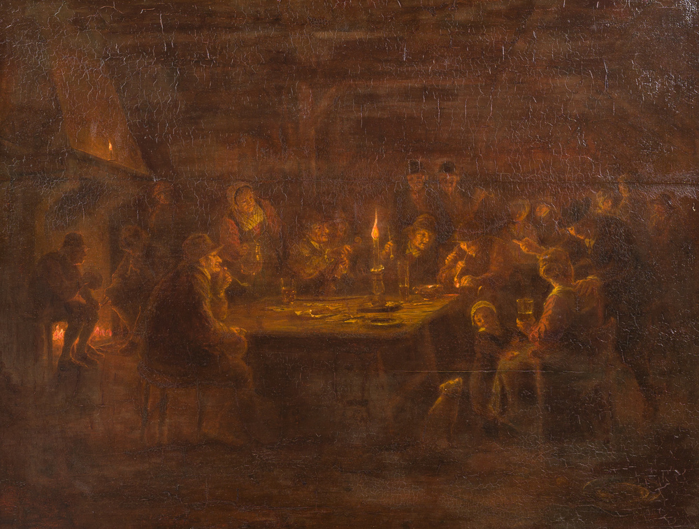 Belgian school: Interior with a merry band by candlelight, oil on panel, 19th C.