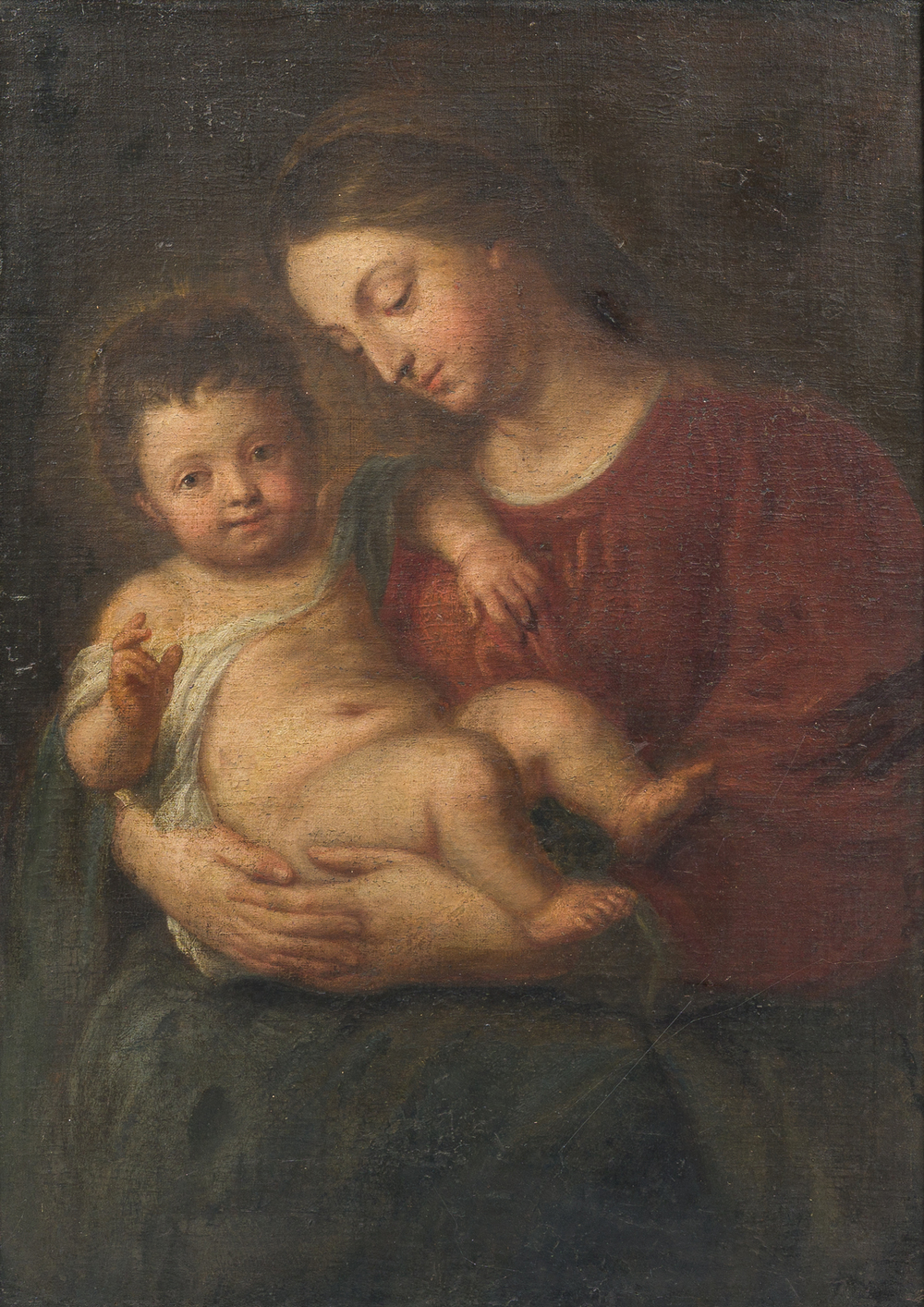 &Eacute;cole flamande, suiveur de Pierre Paul Rubens (1577-1640): Vierge &agrave; l'Enfant, huile sur toile maroufl&eacute;e sur panneau, fin du 17&egrave;me si&egrave;cle