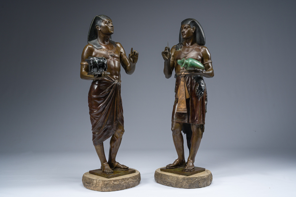 Emile Louis Picault (1833-1915): The Egyptian high priest Pastophore and the Egyptian scribe Hierogrammate, patinated bronze, 20th C.