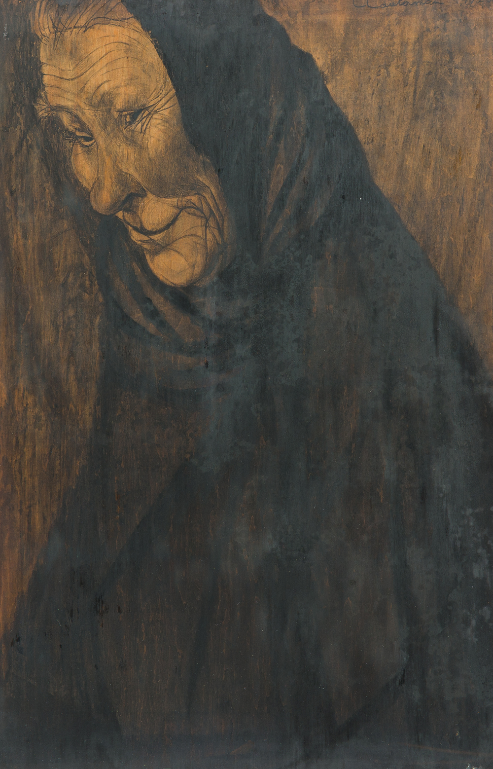 C&eacute;cile Cauterman (1882-1957): Portrait d'une sympathique vieille dame, techniques mixtes sur board, dat&eacute; 1923