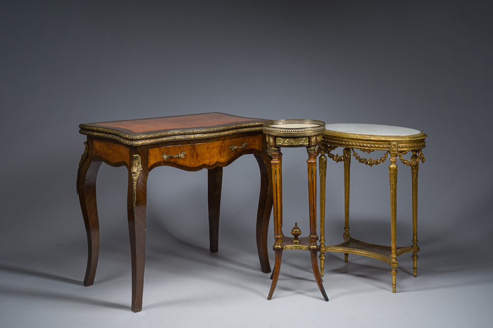 A French wooden gaming table and two side tables, 19th/20th C.