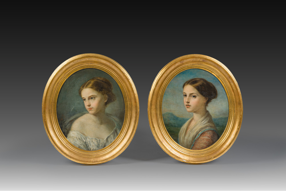 &Eacute;cole allemande, sign&eacute;, &agrave; la mani&egrave;re de Franz Xaver Winterthaler (1805-1873): Paire de portraits de dames, huile sur toile, 19&egrave;me si&egrave;cle