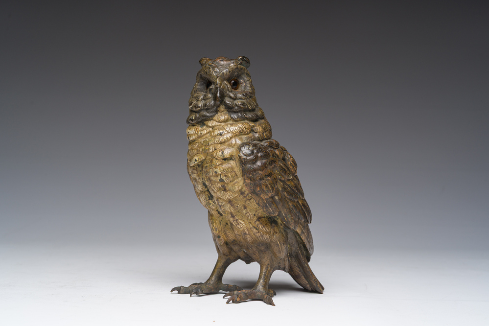A Viennese polychrome cold painted bronze model of an owl, 19th/20th C.
