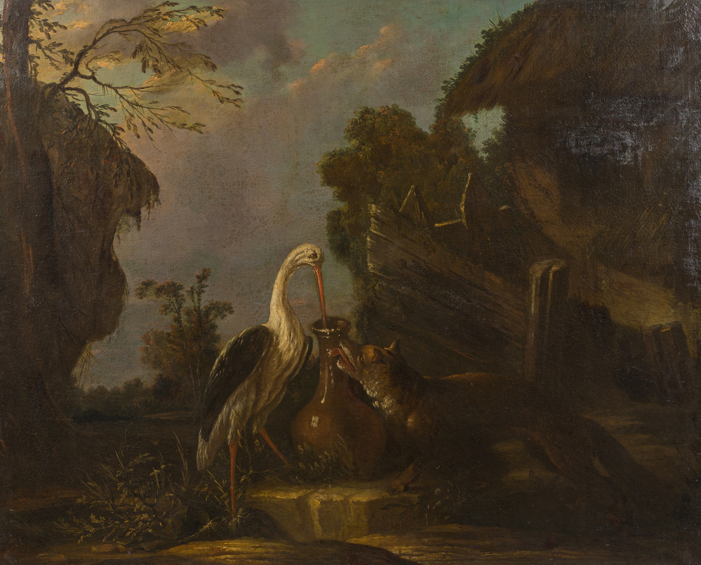 Flemish school: The fable of the fox and the stork, oil on canvas, ca. 1700