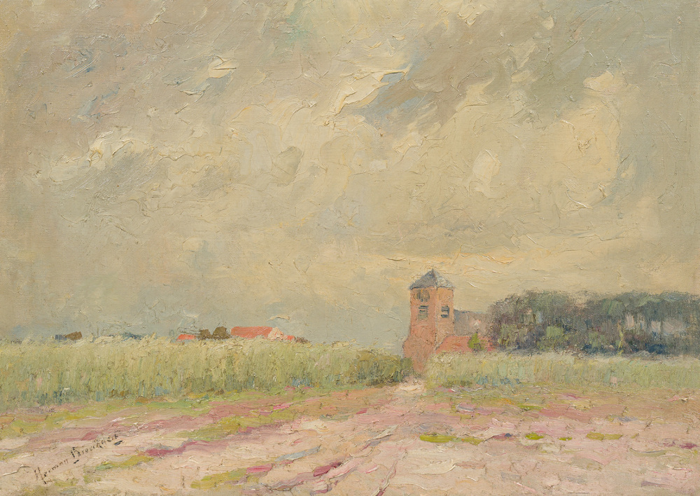 Herman Broeckaert (1878-1930): Paysage avec &eacute;glise, huile sur toile