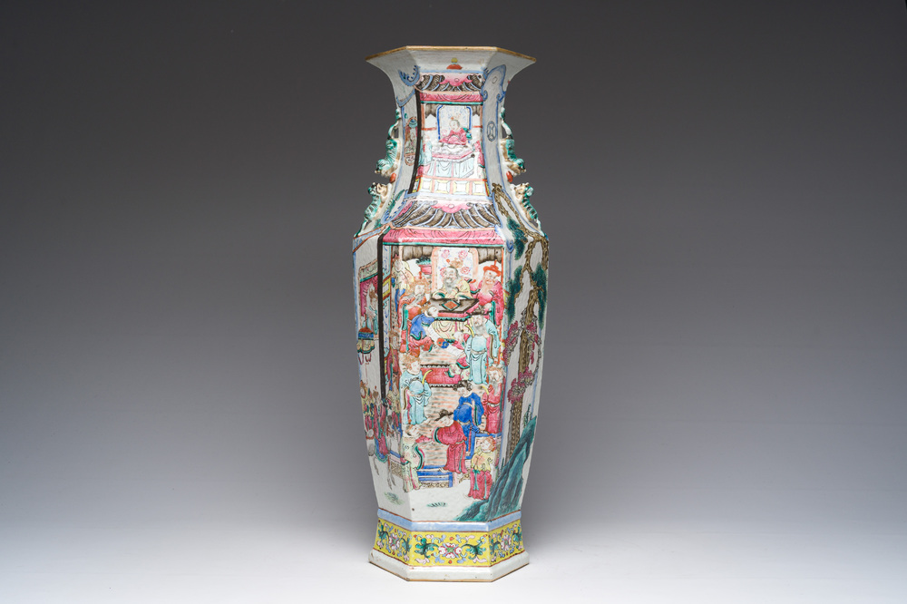 A Chinese hexagonal famille rose vase with figurative design all around, 19th C.