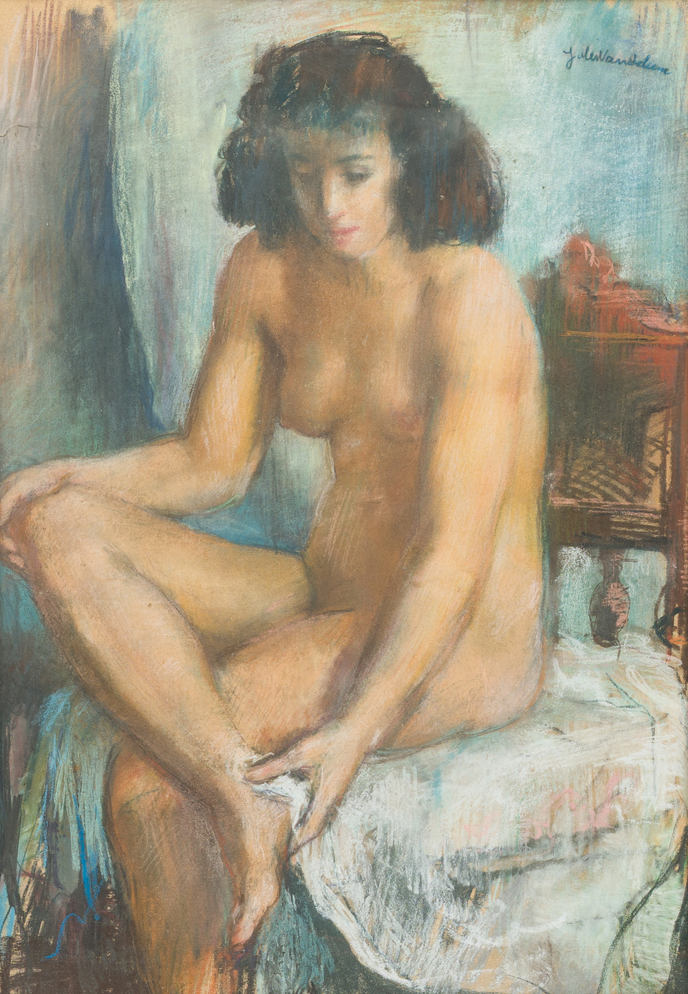 Jules Van de Leene (1887-1962): Zittend vrouwelijk naakt, pastel op papier