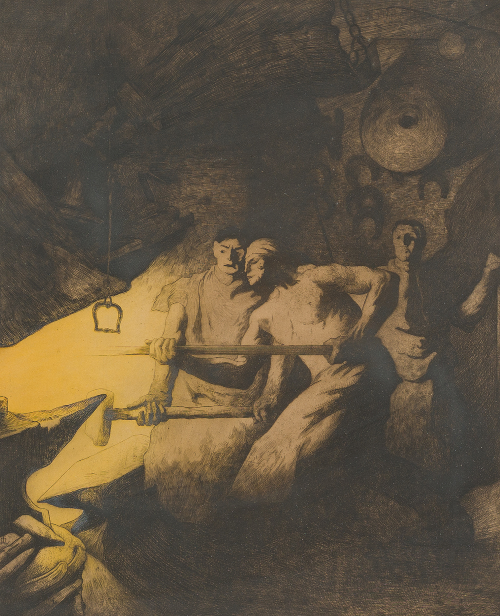 Maurice Langaskens (1884-1946): 'Les charrons', ets, ed. 12/100