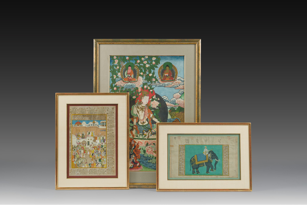Deux miniatures indiennes et une thangka figurant 'Khasarpani', N&eacute;pal ou Tibet, 19&egrave;me/20&egrave;me si&egrave;cle