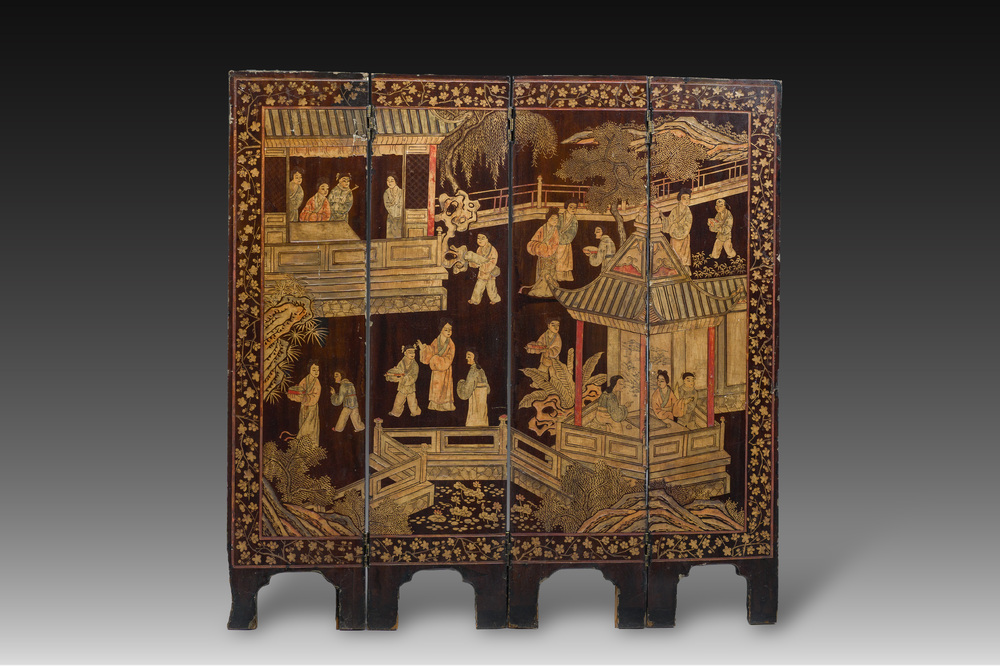 A Chinese four-panel lacquer coromandel screen with an animated scene and birds among blossoming branches, 19th/20th C.