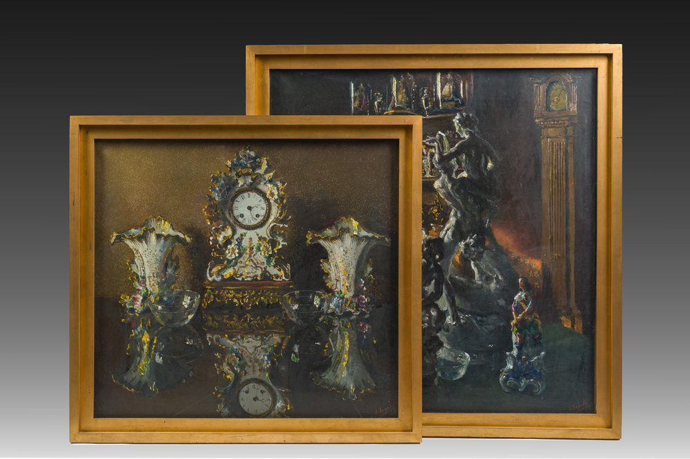 L&eacute;o Engels (1882-1952): 'Tegenlicht' et 'Het porseleinen klokje', huile sur toile, dat&eacute; 1947 et 1949
