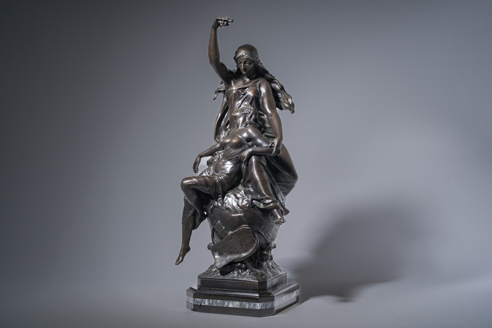 Emile Louis Picault (1833-1915): 'Maintenant sous le ciel tout repose Lamartine', brown patinated bronze alloy on a marble base, 20th C.