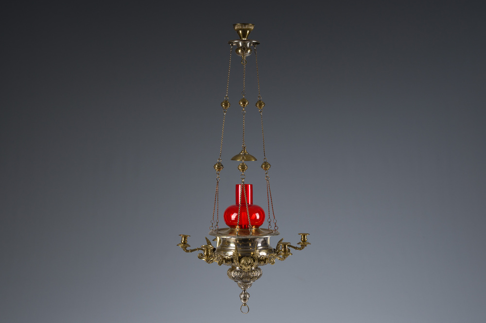 A Gothic revival partially silver-plated brass six-light 'angels' sanctuary lamp, ca. 1900