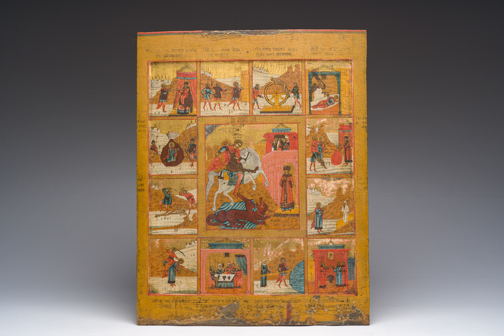 A large Russian orthodox 'Saint George and the dragon' icon, 17th/18th C.