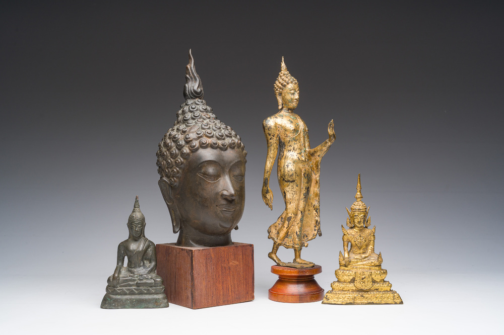 Four Thai partly gilt bronze Buddha sculptures, Rattanakosin and later, 19th/20th C.