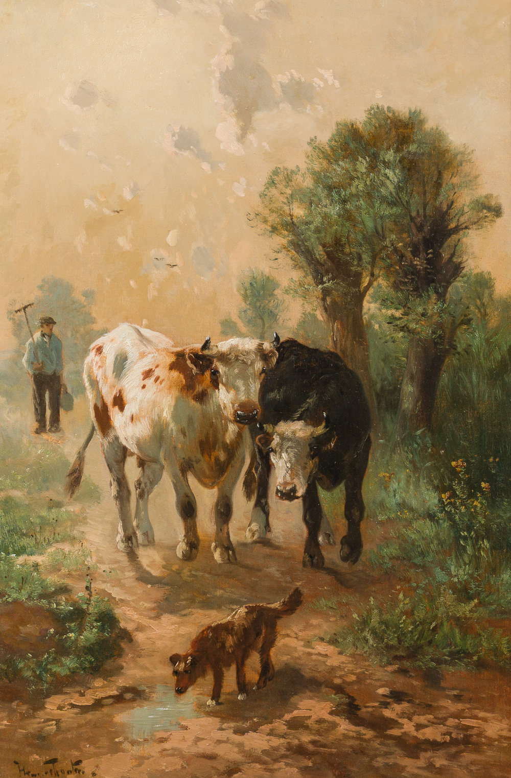 Henry Schouten (1860-1927): A farmer with two cows and a dog in a landscape, oil on canvas