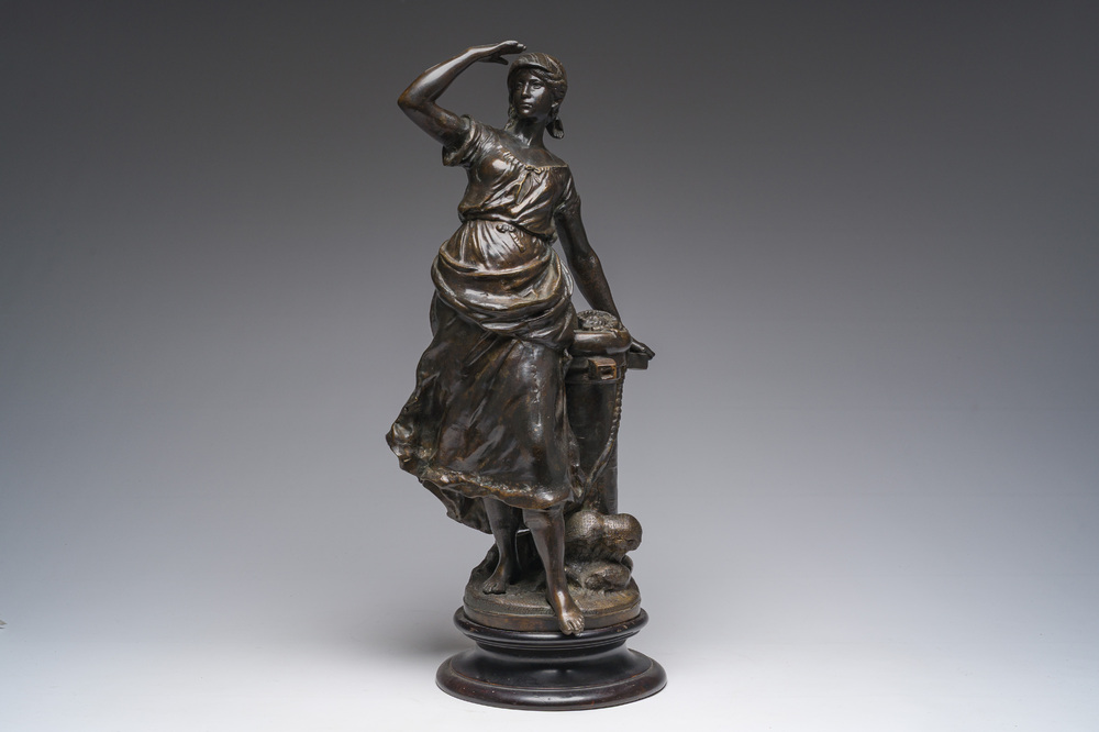 Auguste Moreau (1834-1917): P&ecirc;cheuse en garde, bronze &agrave; patine brune sur socle en bois