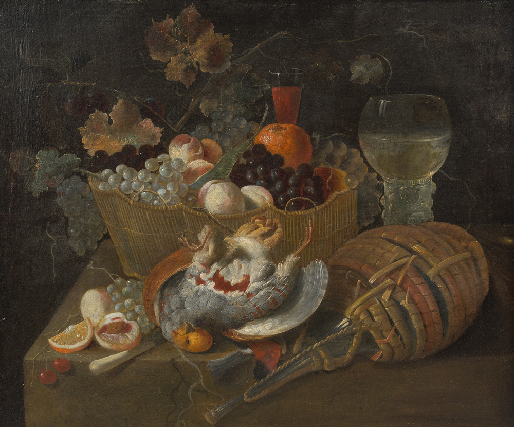 Ecole flamande: Nature morte aux raisins, au verre Roemer et &agrave; la bouteille en verre, huile sur toile, 17&egrave;me si&egrave;cle