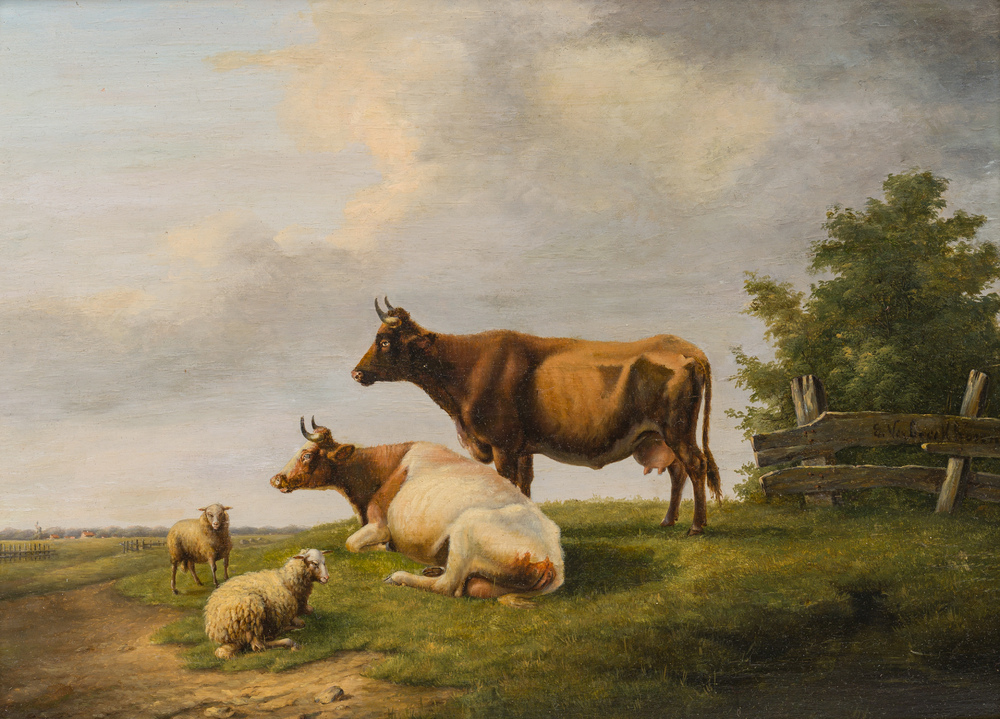 Eug&egrave;ne Verboeckhoven (1798-1881, in de stijl van): Koeien en schapen in de wei, olie op paneel, 19de eeuw