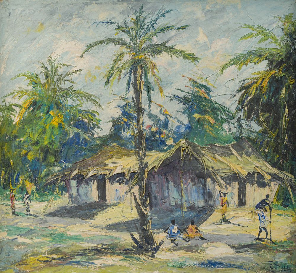 Isidore Tiba (1908-1954): View of a Congolese village, oil on canvas