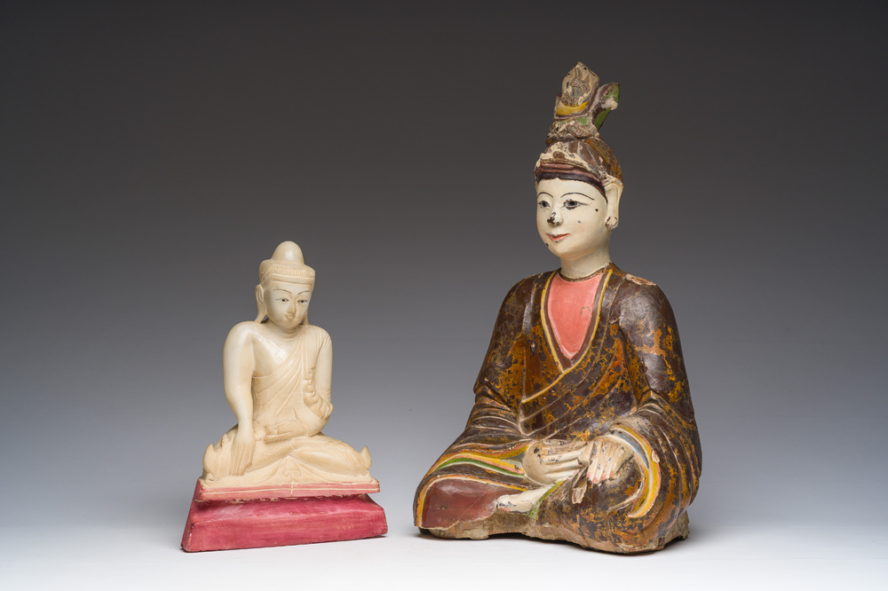 A Burmese white marble Buddha and a polychromed wood Buddha, 20th C.
