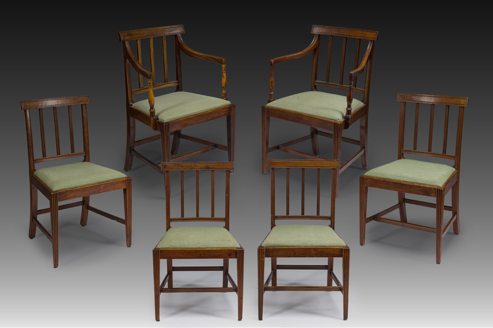 A set of four English mahogany chairs and two armchairs upholstered in green fabric, 19th C.