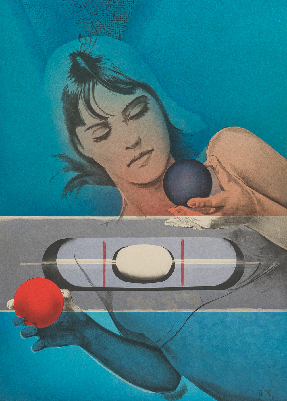 Pol Mara (1920-1998): Balanceren op het evenwicht, kleurenlithografie, ed. 241/325, gedateerd (1971)