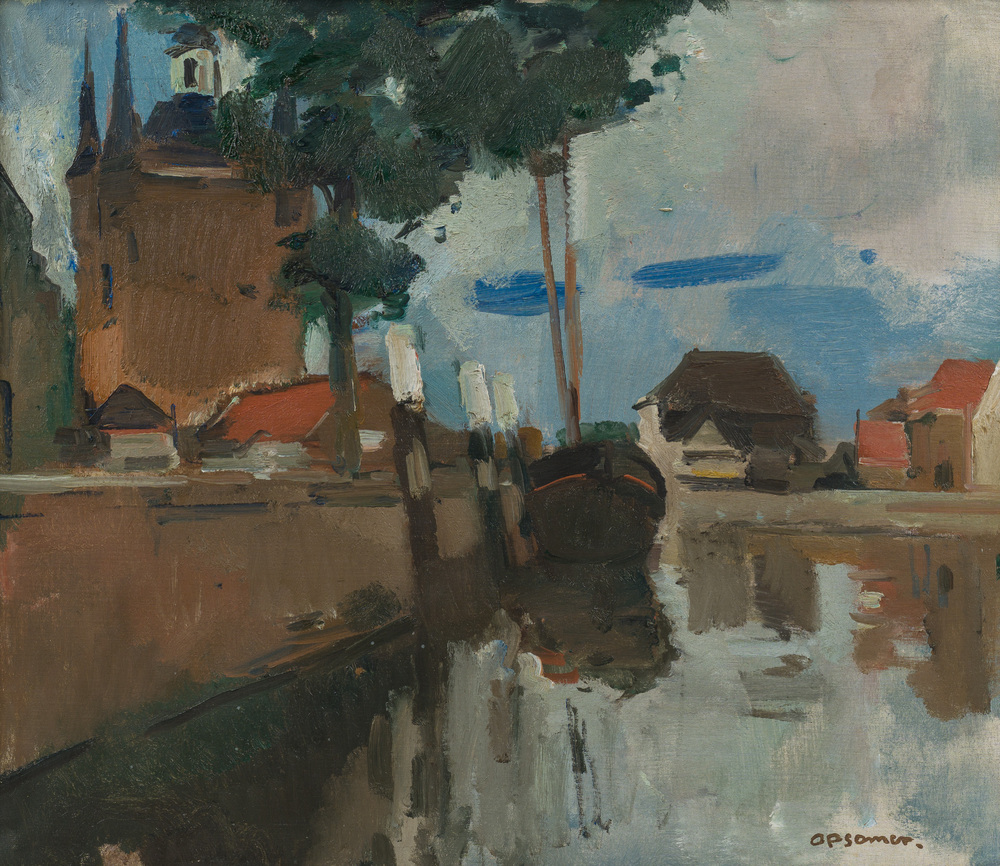 Isidore Opsomer (1878-1967): Vue d'un canal avec une rang&eacute;e de maisons, huile sur toile