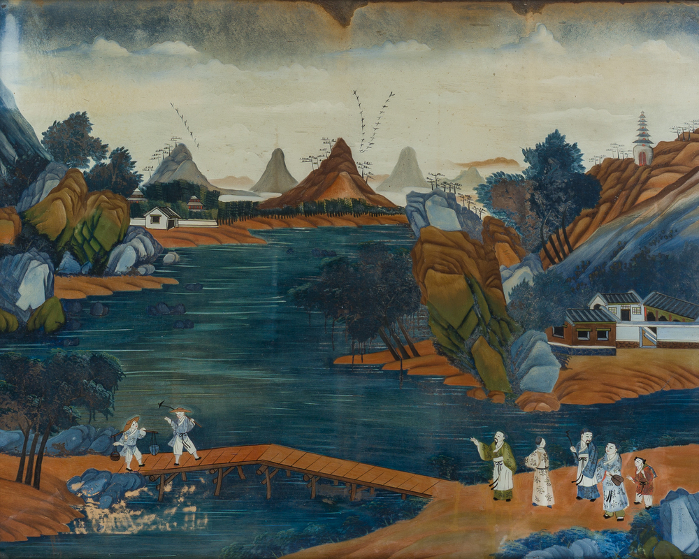 Ecole chinoise: Paysage lacustre anim&eacute; aux figures, &eacute;glomis&eacute;, 19&egrave;me/20&egrave;me si&egrave;cle