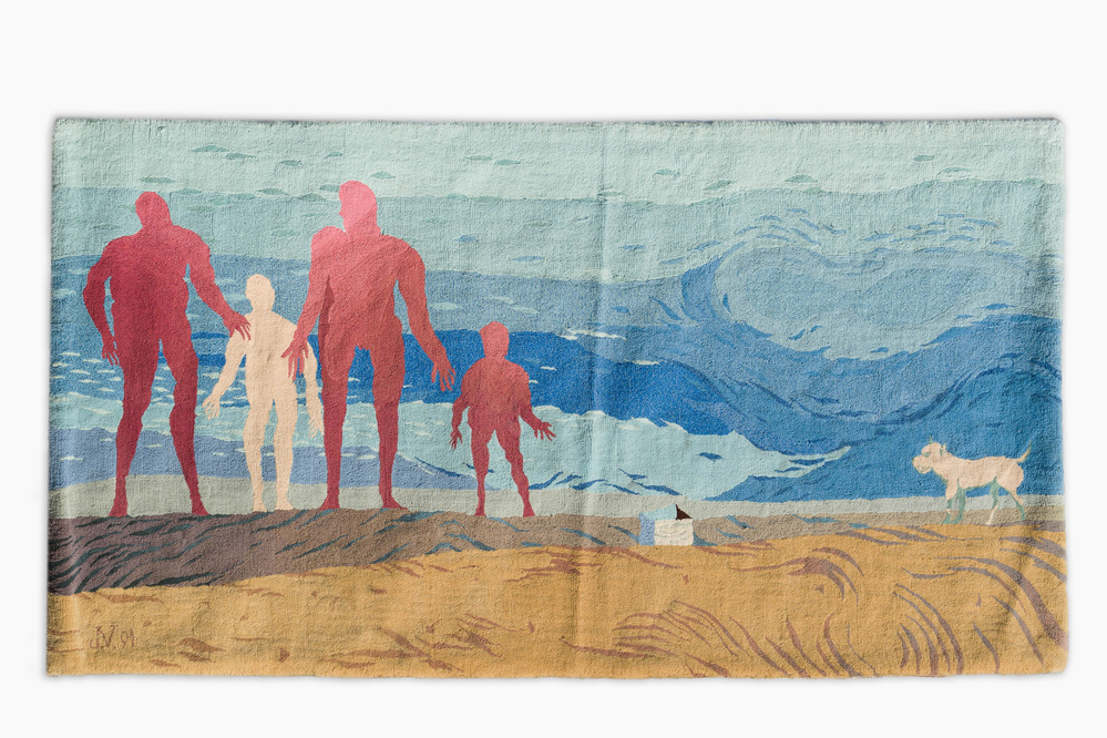 Jos&eacute; Vermeersch (1922-1997): Tapisserie murale except. &agrave; d&eacute;cor des figures et un chien sur la plage, laine tuft&eacute;e &agrave; la main, &eacute;d. 1/1, dat&eacute; (19)91